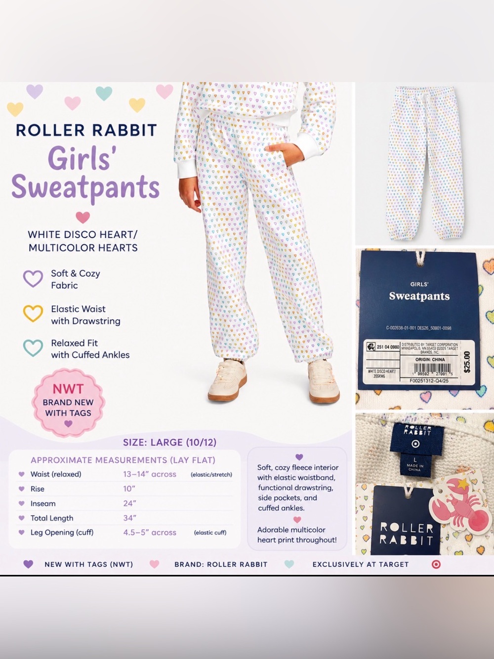 Roller Rabbit x Target Girls White Disco Heart Sweatpants Size Large 10/12 NWT